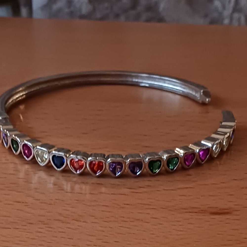 STERLING Silver Bangle Bracelet with Sparkling Colorful Heart Shaped Gemstones - Picture 7 of 15